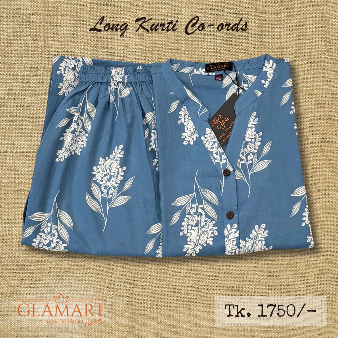 Jaipuri Cotton Long Kurti Co-ord Set – Dusty Blue Meadow Blossom Print