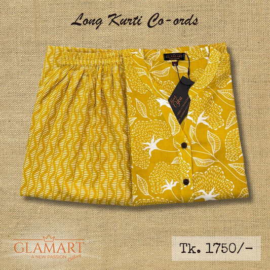 Jaipuri Cotton Long Kurti Co-ord Set – Yellow Hibiscus Motif Print