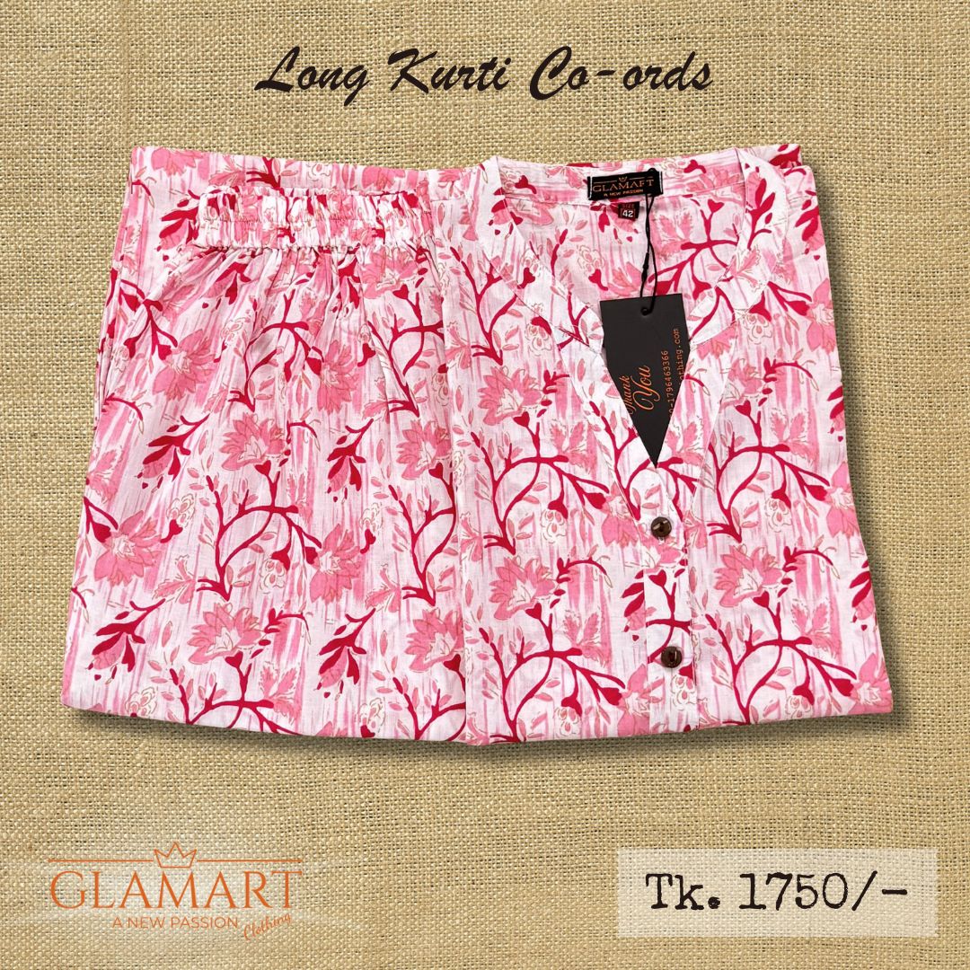 Jaipuri Cotton Long Kurti Co-ord Set – Pastel Pink Tropical Bloom Print