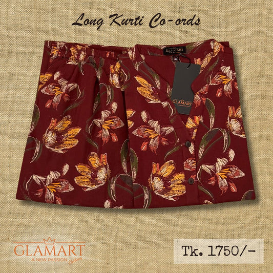 Jaipuri Cotton Long Kurti Co-ord Set – Deep Maroon Lily Bloom Print