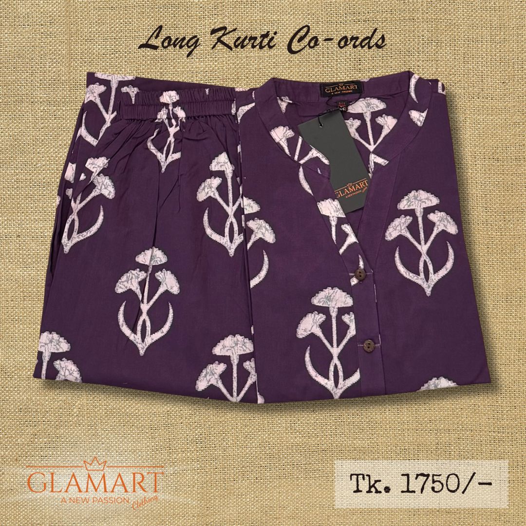 Jaipuri Cotton Long Kurti Co-ord Set – Eggplant Purple Floral Bloom Print