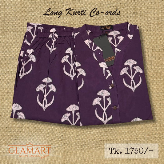 Jaipuri Cotton Long Kurti Co-ord Set – Eggplant Purple Floral Bloom Print