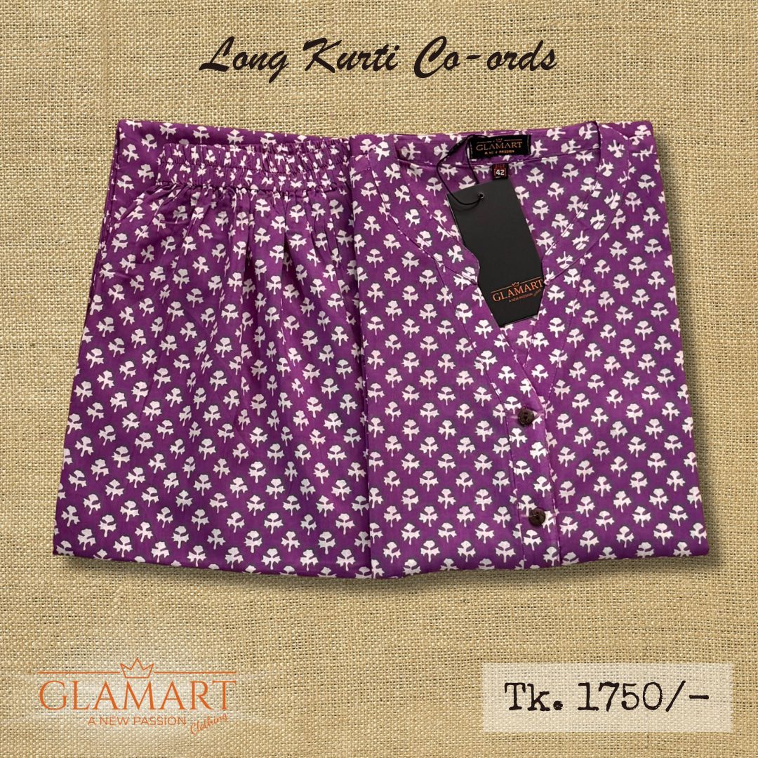 Jaipuri Cotton Long Kurti Co-ord Set – Lavender Clover Motif Print