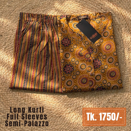 Jaipuri Cotton Long Kurti Co-ord Set – Mustard Brown Mandala & Stripe Print