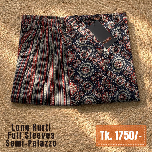 Jaipuri Cotton Long Kurti Co-ord Set – Navy Mandala & Stripe Print