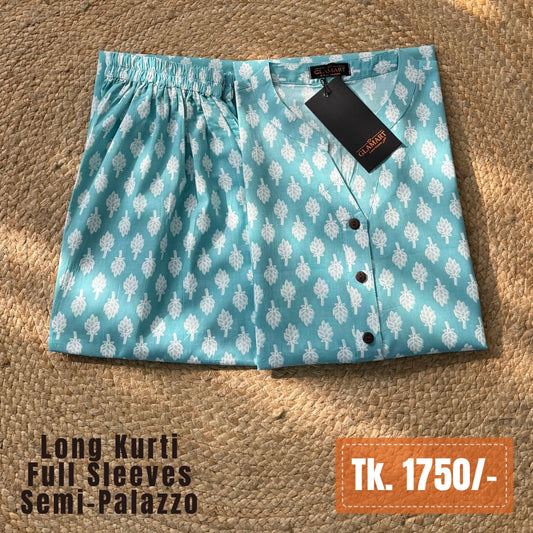 Jaipuri Cotton Long Kurti Co-ord Set – Pastel Blue Pine Leaf Print