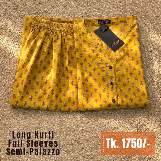 Jaipuri Cotton Long Kurti Co-ord Set – Mustard Yellow Tulip Motif Print