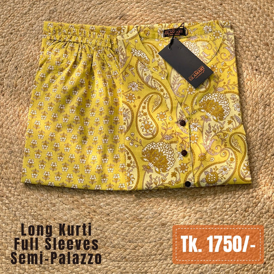 Jaipuri Cotton Long Kurti Co-ord Set – Lime Yellow Paisley & Floral Print