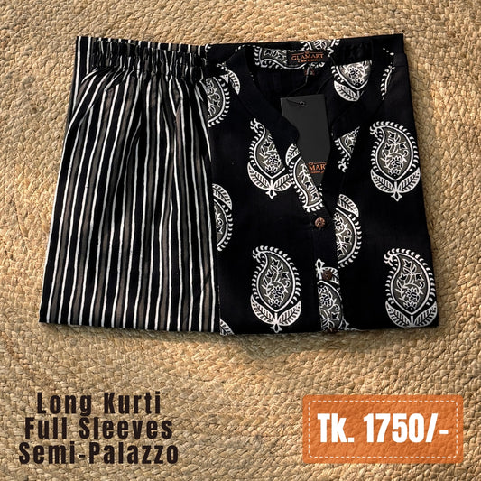Jaipuri Cotton Long Kurti Co-ord Set – Black Paisley & Stripe Print