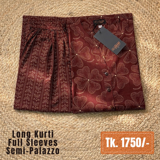 Jaipuri Cotton Long Kurti Co-ord Set – Dark Maroon Clover Motif Print