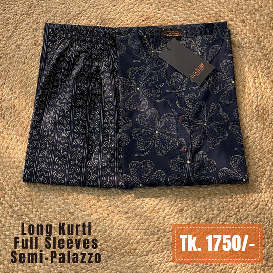 Jaipuri Cotton Long Kurti Co-ord Set – Navy Blue Clover Motif Print