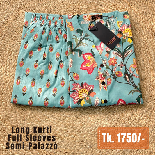 Jaipuri Cotton Long Kurti Co-ord Set – Turquoise Floral & Bud Motif Print
