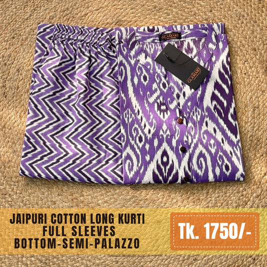 Jaipuri Cotton Long Kurti Co-ord Set – Purple Ikat & Zig-Zag Print