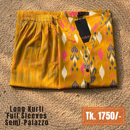 Jaipuri Cotton Long Kurti Co-ord Set – Mustard Ikat & Stripe Print