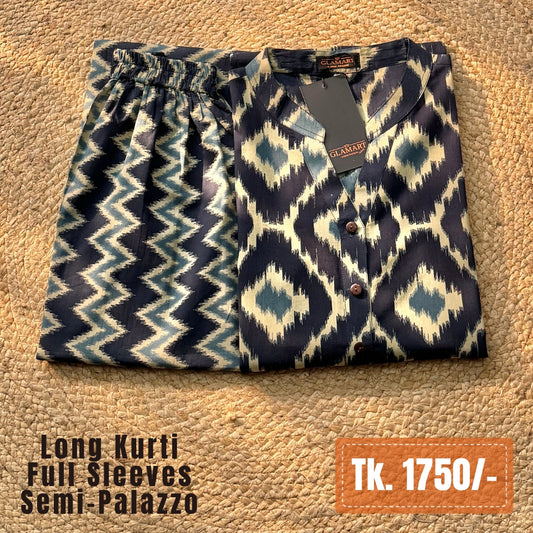 Jaipuri Cotton Long Kurti Co-ord Set – Navy Ikat & Zig-Zag Print