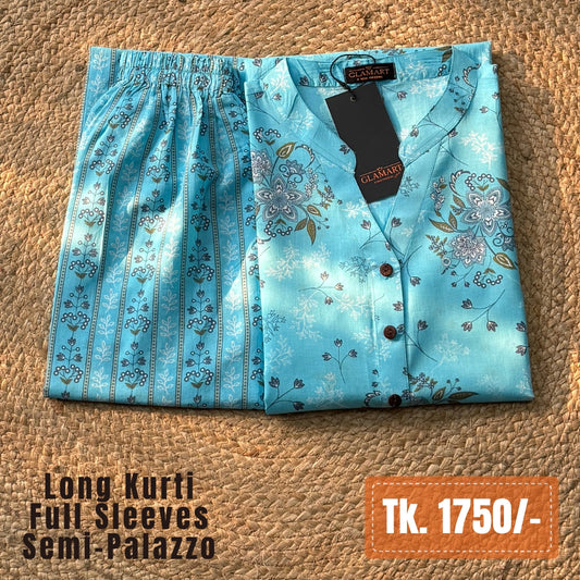 Jaipuri Cotton Long Kurti Co-ord Set – Sky Blue Floral & Stripe Print