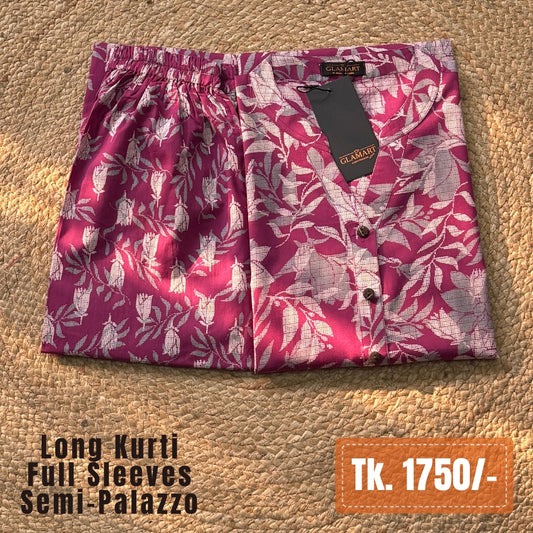 Jaipuri Cotton Long Kurti Co-ord Set – Beetroot Floral & Leaf Print