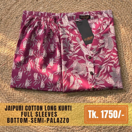 Jaipuri Cotton Long Kurti Co-ord Set – Beetroot Floral & Leaf Print