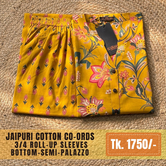 Jaipuri Cotton Long Kurti Co-ord Set – Mustard Yellow Floral & Buti Print