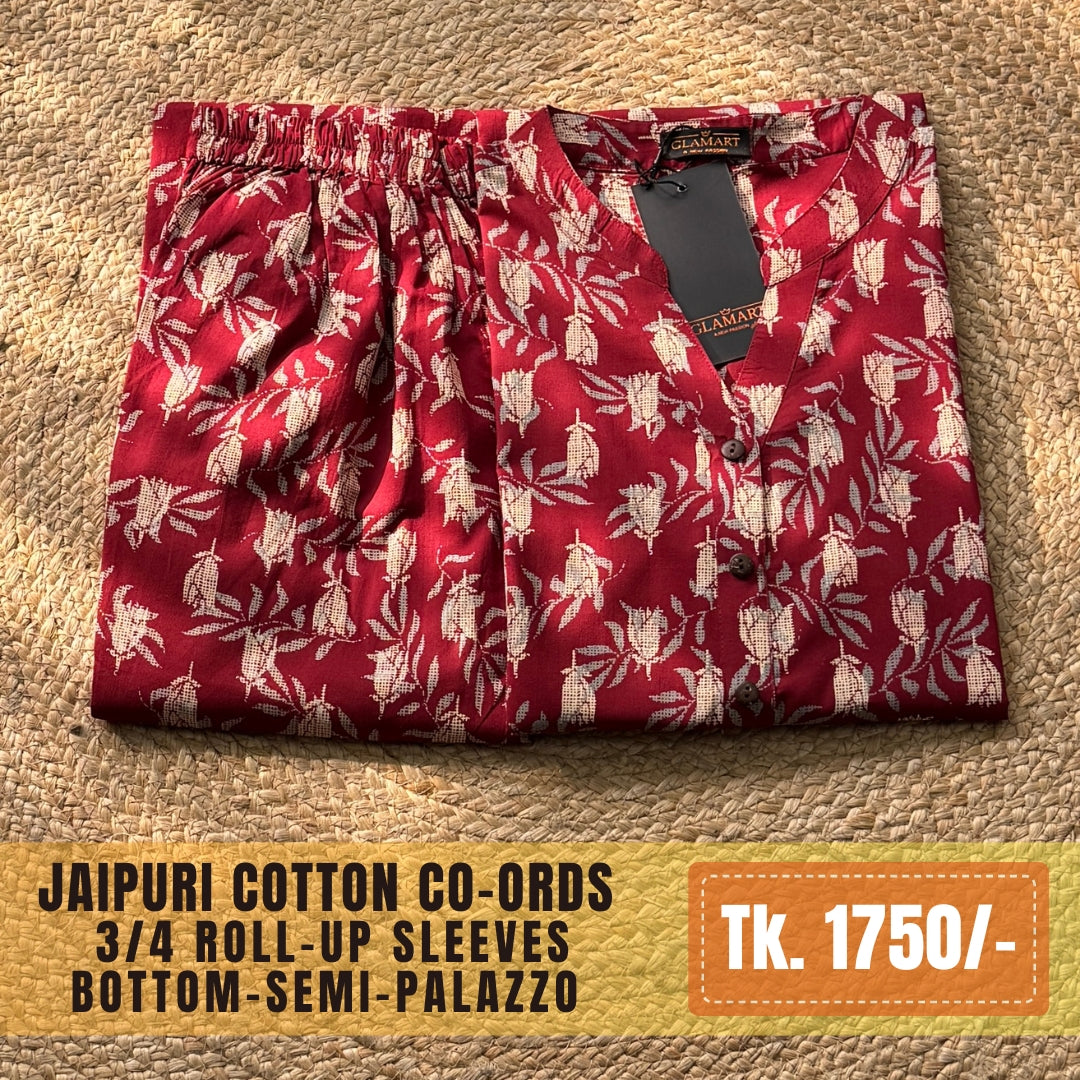 Jaipuri Cotton Long Kurti Co-ord Set – Maroon Leafy Vine Print