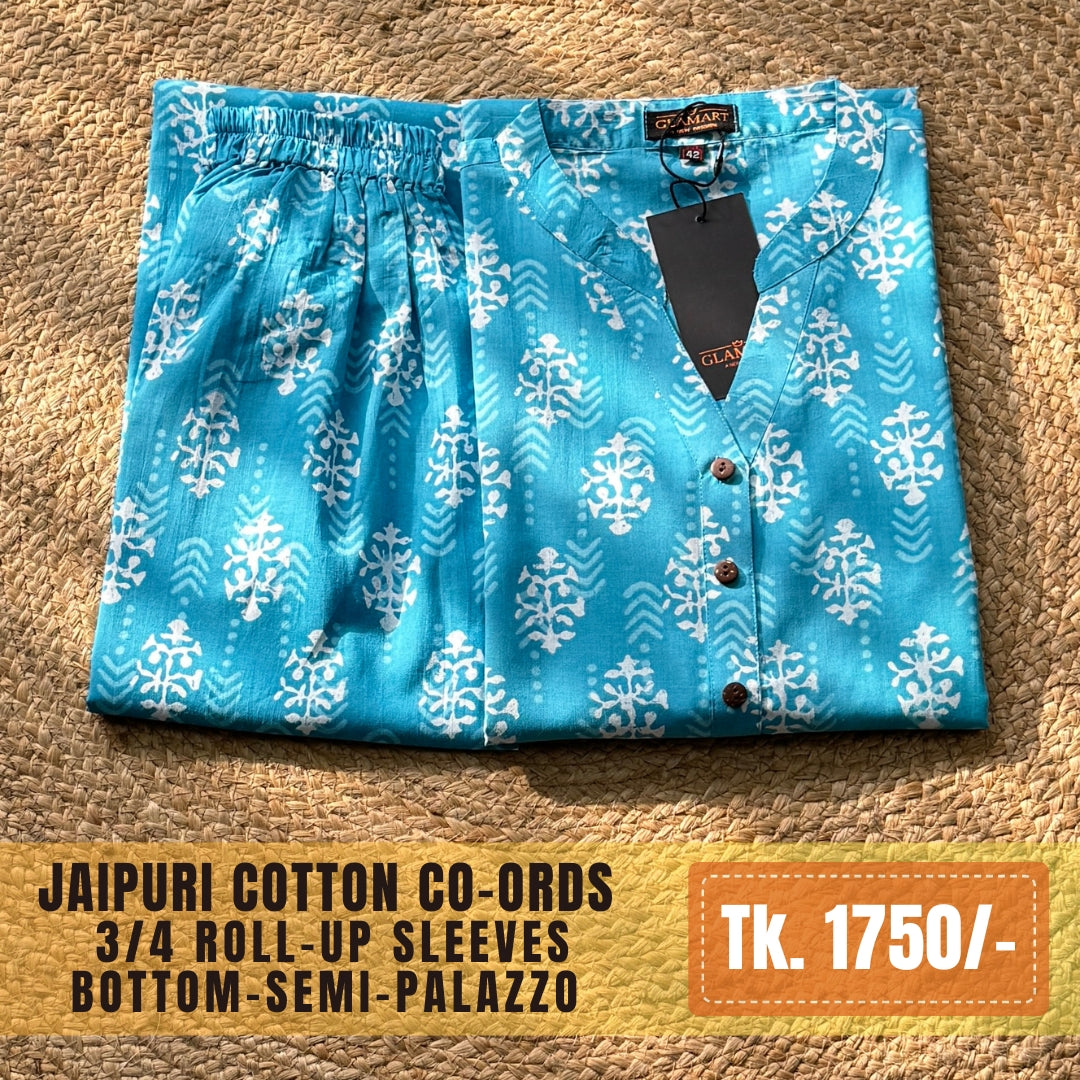 Jaipuri Cotton Long Kurti Co-ord Set – Sky Blue Buti & Chevron Print