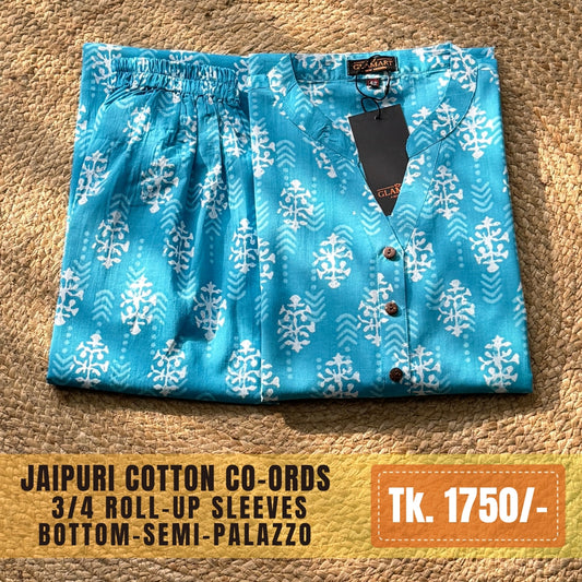 Jaipuri Cotton Long Kurti Co-ord Set – Sky Blue Buti & Chevron Print