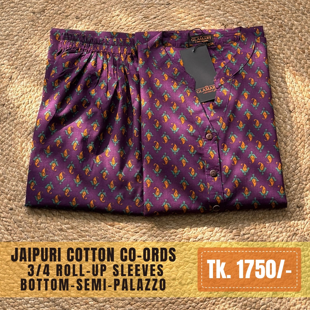 Jaipuri Cotton Long Kurti Co-ord Set – Deep Purple Paisley Buti Print
