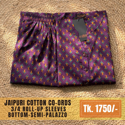 Jaipuri Cotton Long Kurti Co-ord Set – Deep Purple Paisley Buti Print