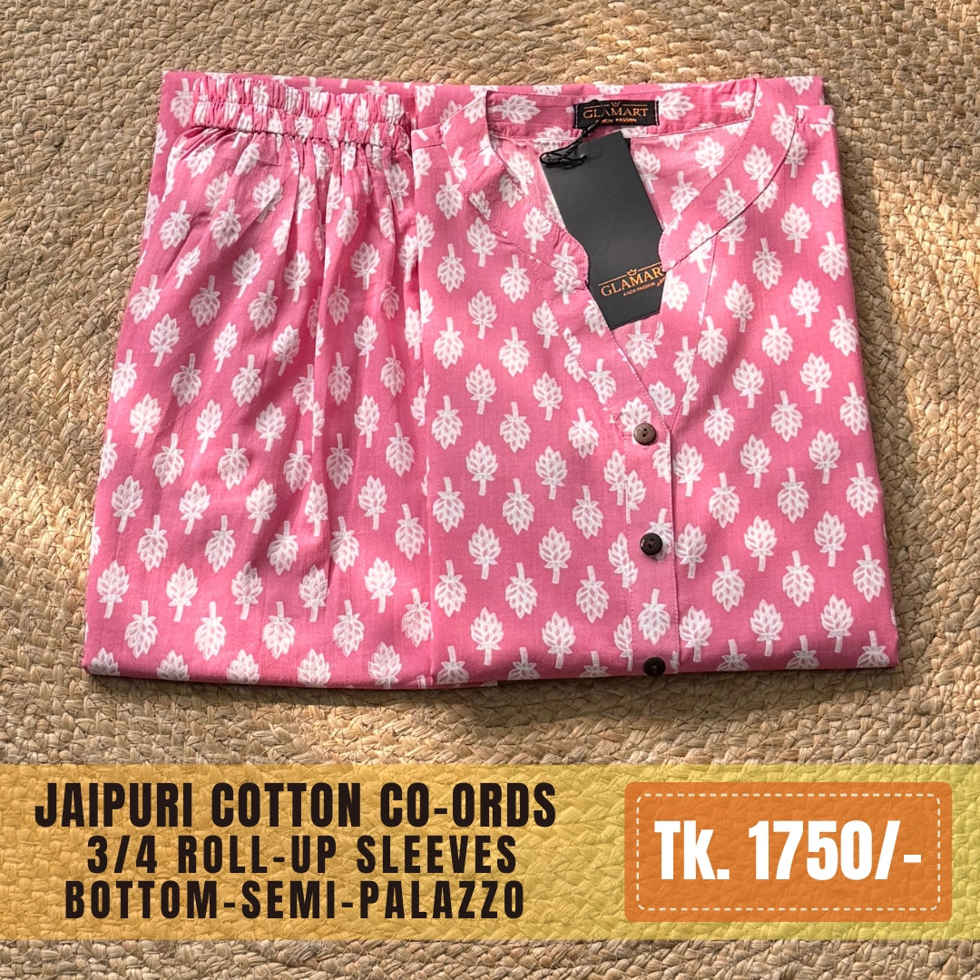 Jaipuri Cotton Long Kurti Co-ord Set – Candy Pink Leafy Buti Print