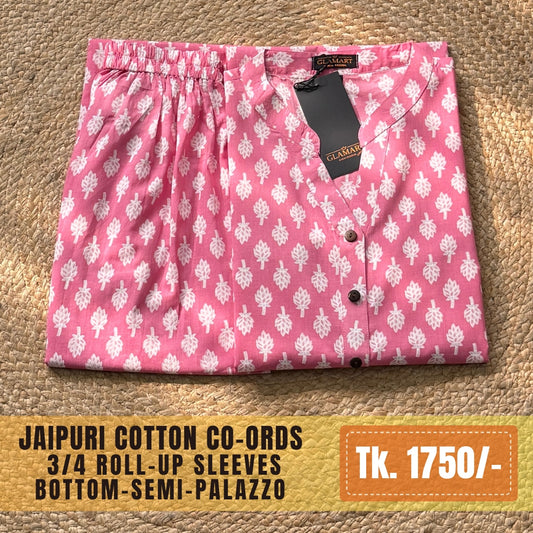 Jaipuri Cotton Long Kurti Co-ord Set – Candy Pink Leafy Buti Print