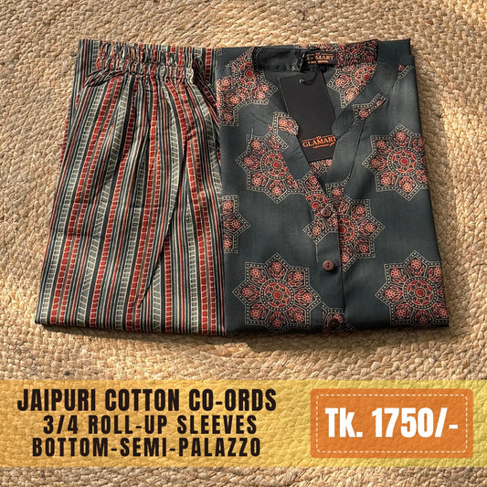 Jaipuri Cotton Long Kurti Co-ord Set – Dark Green Mandala & Stripe Print