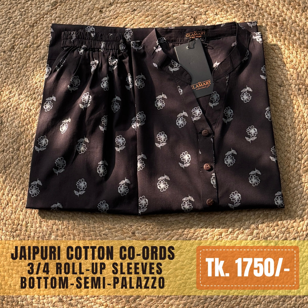 Jaipuri Cotton Long Kurti Co-ord Set – Black & Light Grey Minimal Floral Print