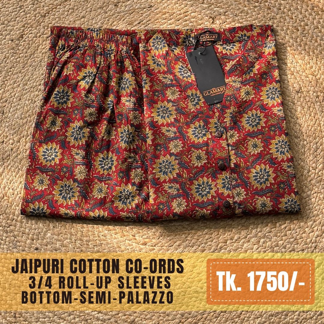 Jaipuri Cotton Long Kurti Co-ord Set – Maroon & Blue Sun-Floral Print