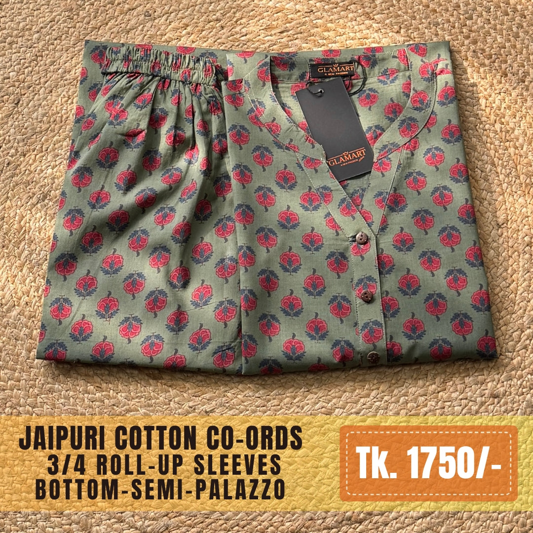 Jaipuri Cotton Long Kurti Co-ord Set – Dark Sage Green & Pink Floral Buti Print