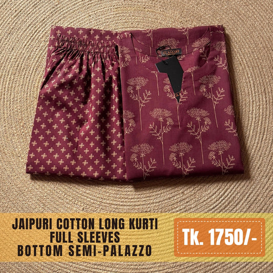 Jaipuri Cotton Long Kurti Co-ord Set – Beetroot with Floral & Starburst Print