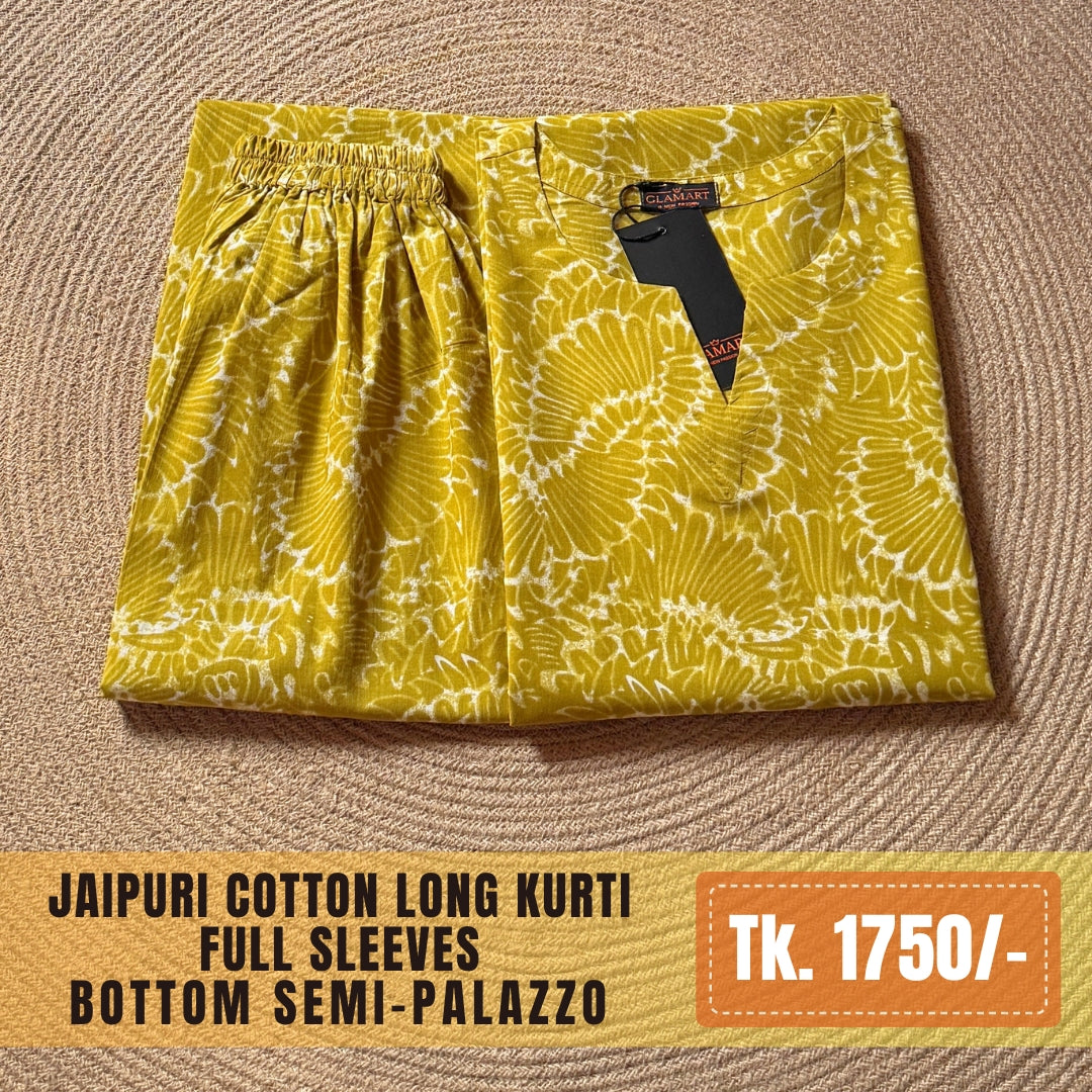 Jaipuri Cotton Long Kurti Co-ord Set – Greenish Brown with White Floral Print