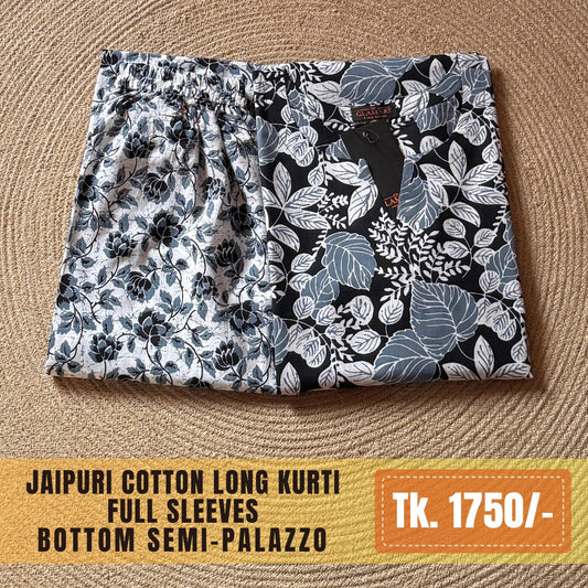 Jaipuri Cotton Long Kurti Co-ord Set – Black and Grey with Bold Leaf & Floral Print