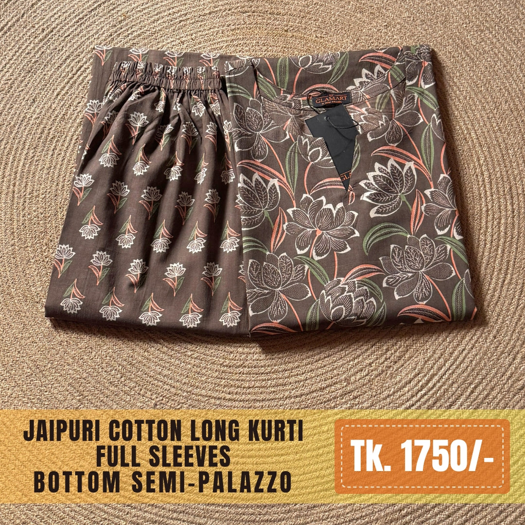 Jaipuri Cotton Long Kurti Co-ord Set – Coffee Brown with Peach & Green Lotus Bud Print