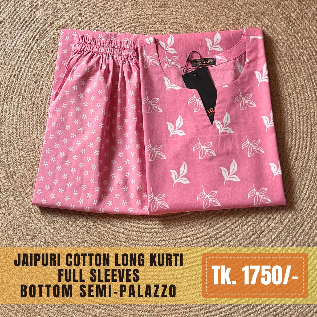 Jaipuri Cotton Long Kurti Co-ord Set - Pink & White Floral Print