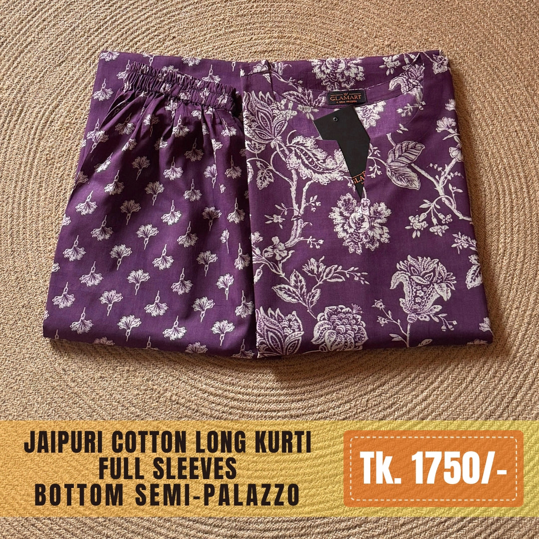 Jaipuri Cotton Long Kurti Co-ord Set - Purple & White Floral Print