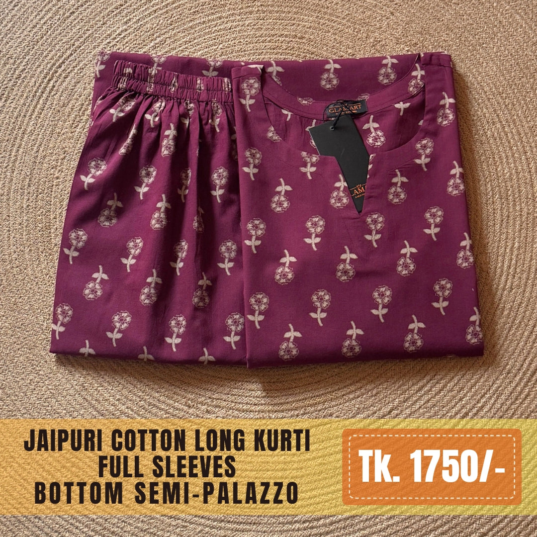 Jaipuri Cotton Long Kurti Co-ord Set - Dark Plum & Beige Floral Print