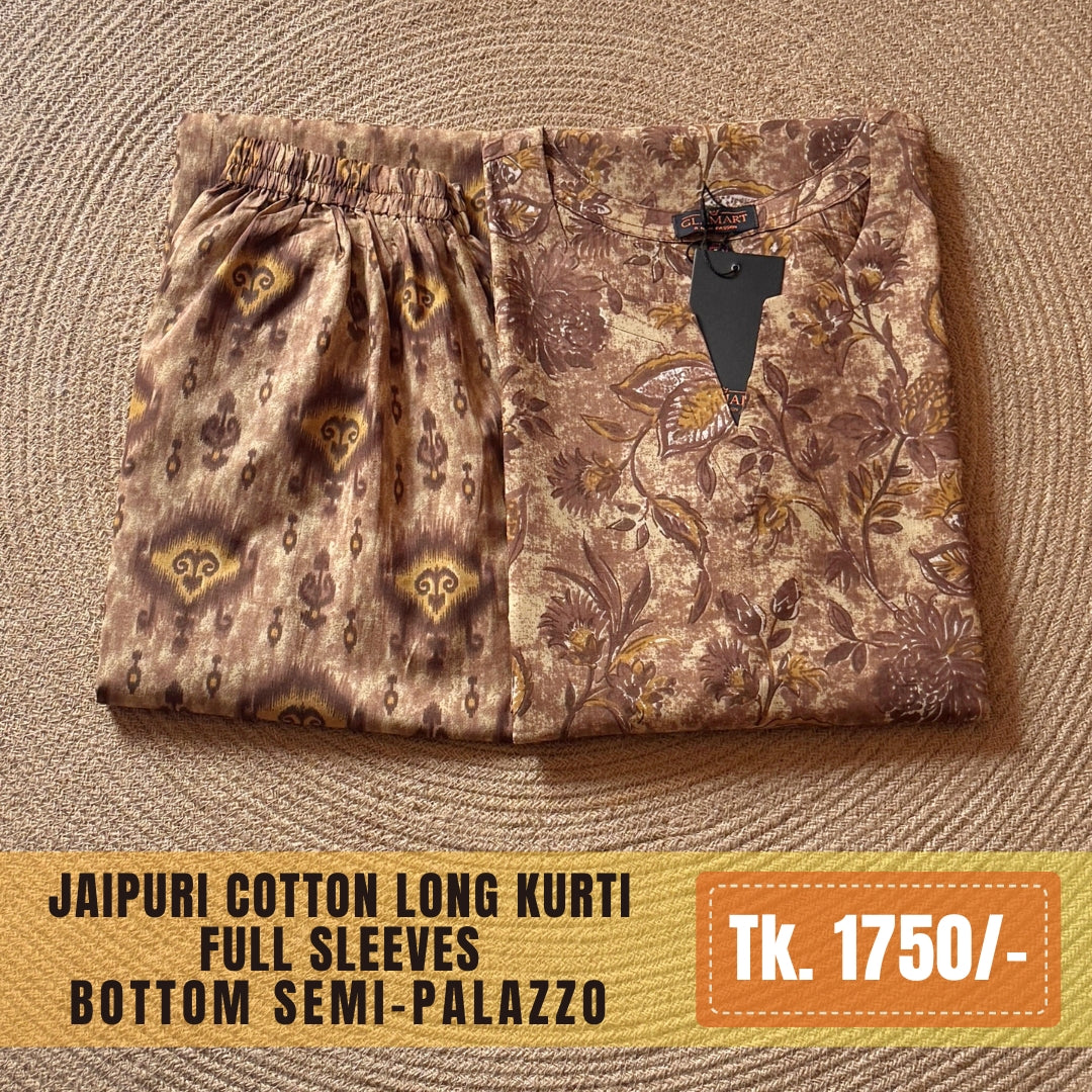 Jaipuri Cotton Long Kurti Co-ord Set - Earthy Brown Ikat & Floral Print