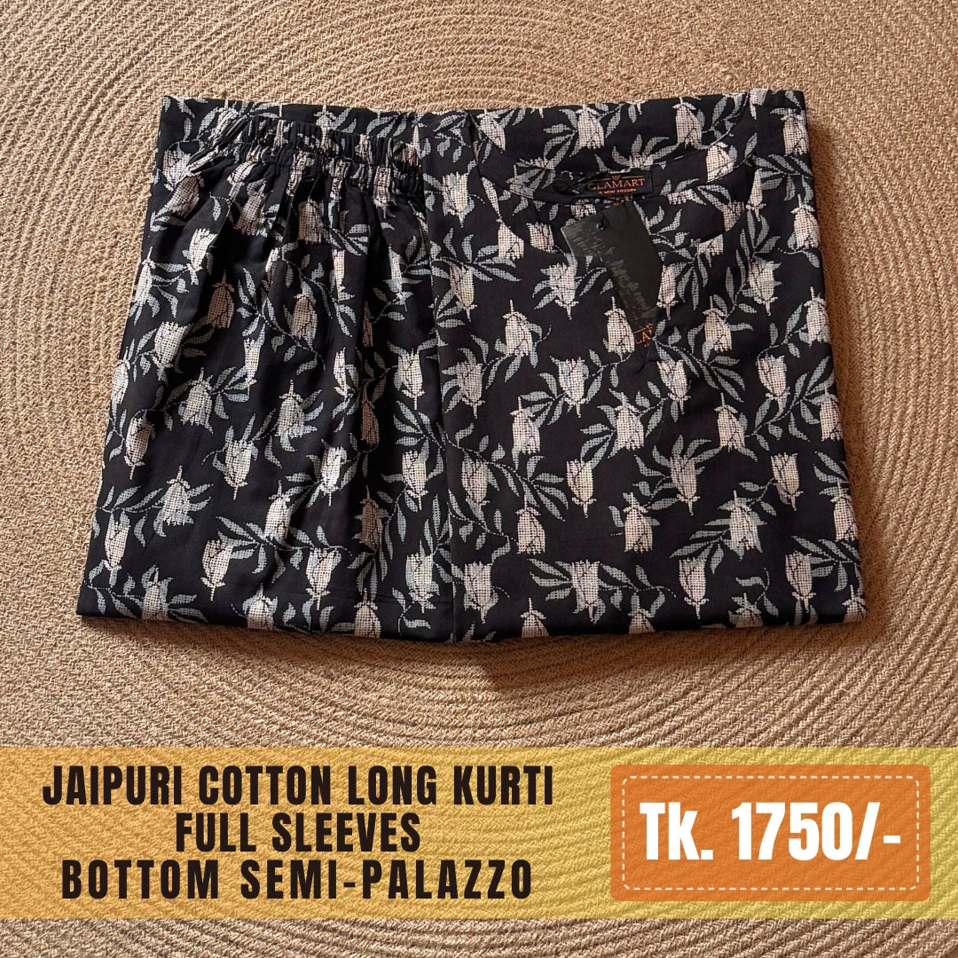 Jaipuri Cotton Long Kurti Co-ord Set - Black & Grey Floral Print