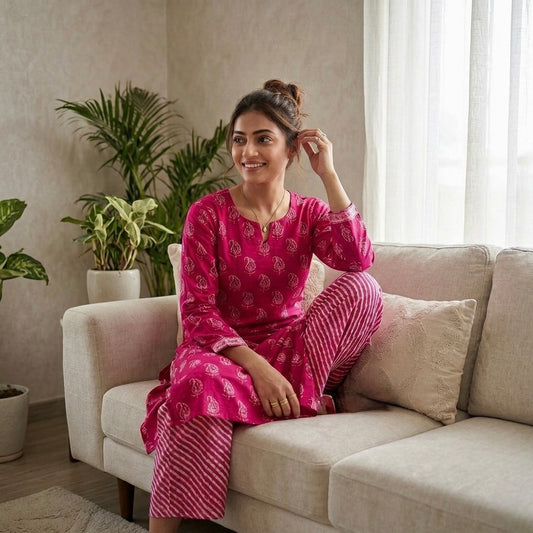 Jaipuri Cotton Long Kurti Co-ord Set - Pink Paisley & Ripple Print