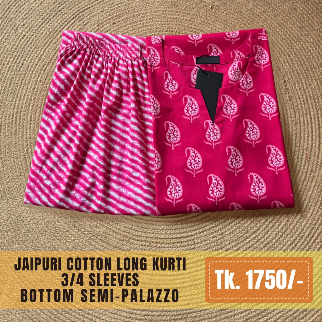 Jaipuri Cotton Long Kurti Co-ord Set - Pink Paisley & Ripple Print