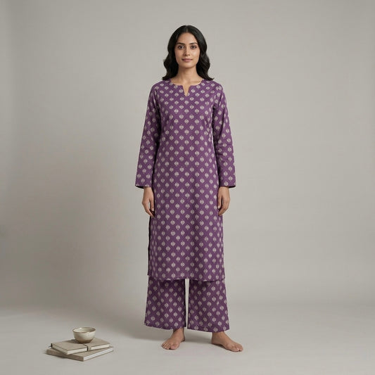 Jaipuri Cotton Long Kurti Co-ord Set - Purple & Off-White Floral Print
