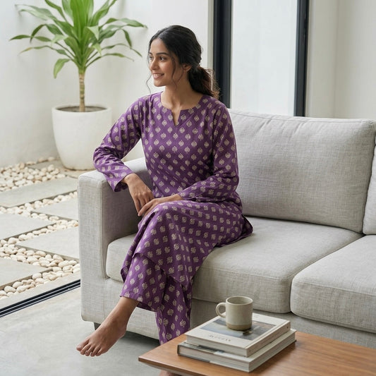 Jaipuri Cotton Long Kurti Co-ord Set - Purple & Off-White Floral Print