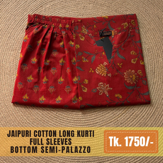 Jaipuri Cotton Long Kurti Co-ord Set - Maroon-Red Floral Vine Print
