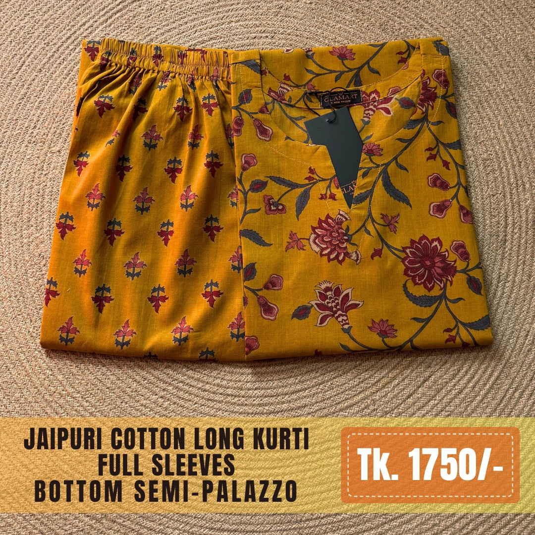 Jaipuri Cotton Long Kurti Co-ord Set - Mustard Brown Floral Vine Print