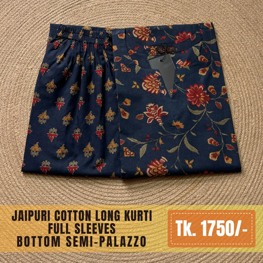 Jaipuri Cotton Long Kurti Co-ord Set - Navy Blue Floral Vine Print